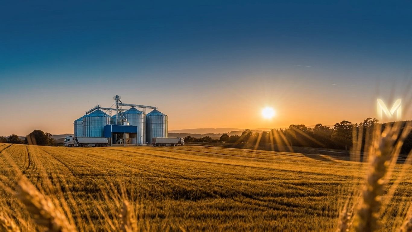 Unidade de armazenagem de grãos da Mutum Negócios ao pôr do sol, com caminhões carregando